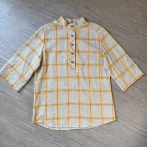 Vintage Chapter Two Plaid Tunic Top 70s 80s Linen Blend Mandarin Collar 3/4 Slv
